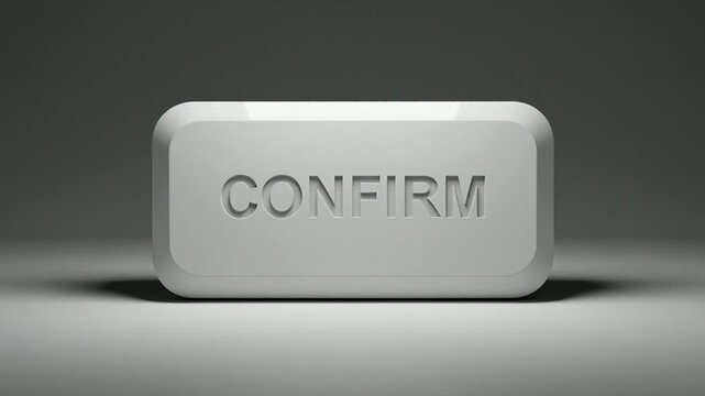 Close-Up of a White Confirm Button with 3D Text and Shadow Effects Demonstrating Press Action