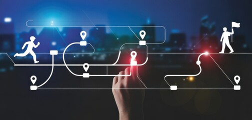 Navigating the Business Path: a composite image shows a hand interacts with a digital depiction of a complex path with checkpoints. The scene aims to depict the route of business
