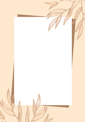 Fototapeta premium An elegant vector vertical frame template featuring a central white rectangular copy space diagonally aligned, decorated with subtle brown line art leafy branches on a soft blush-beige background, sui