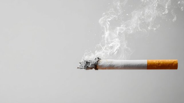a single cigarette floating in space near an empty cigarette packet, with smoke rising from it. this creates a striking contrast against the clear, dark background