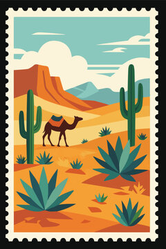 Vintage style vector postage stamp of a desert landscape featuring a camel, saguaro cacti, agave plants, and red rock mesas under a blue sky. Flat minimalist travel poster aesthetic