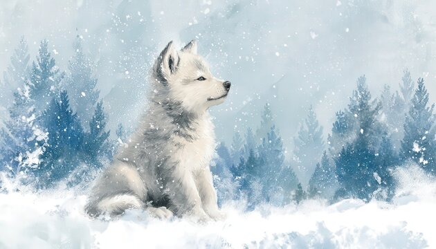 Adorable white wolf cub sits serenely amidst a snowy winter forest scene