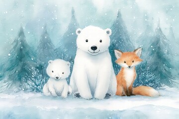Adorable trio of arctic animals sits together in a snowy forest scene