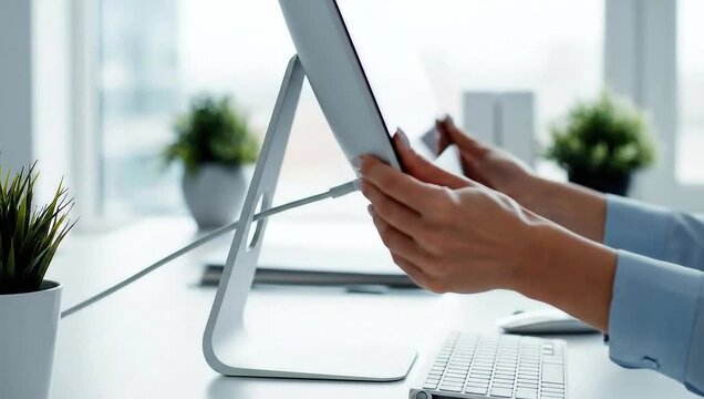 Hands Adjusting Computer Monitor in Bright Office Setting.