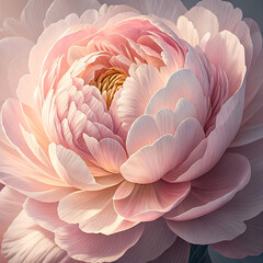 Close-up of a beautiful, soft pink peony flower with delicate layered petals and a warm golden center.