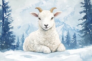 Charming young goat rests serenely amidst a snowy mountain forest scene