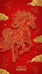 Luxury Lunar Year of the Horse poster in elegant red tones, refined zodiac artwork ideal for festive branding, posters, and celebration designs.