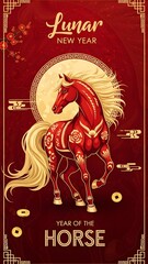 Luxury Chinese zodiac Horse artwork in deep red, designed for festive posters, greeting cards, and elegant cultural visuals.