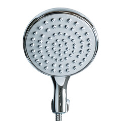 Round chrome shower head with many small nozzles on white background, attached to silver metal hose