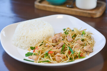 Stir-fried hooker’s chives or root su with chicken served with rice on a white dish. Yunnan food concept.