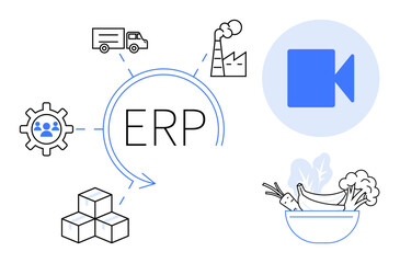 Business systems, supply chain, logistics, video conferencing, resource planning, inventory control. Central ERP hub surrounded by icons different industries. Resource planning and supply chain