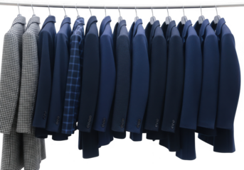 A row of mens suits and coats hanging on a rack, showcasing a collection of formal outerwear in various shades of blue and grey, isolated on transparent background