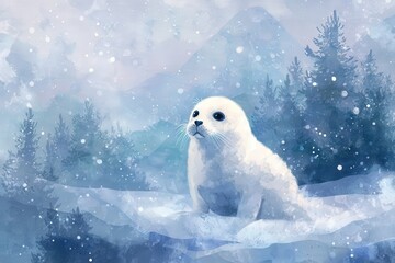 Adorable white pup sits in a snowy winter landscape illustration