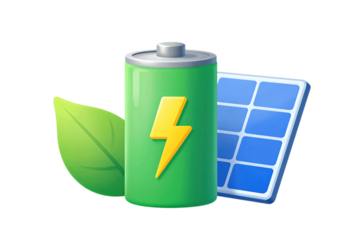 Green battery with lightning bolt and solar panel
