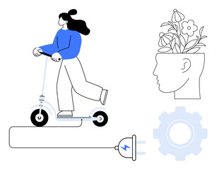 Woman riding an electric scooter, potted head with flowers conveying creativity, plug with gear symbolizing innovation and energy. Ideal for eco-awareness, urban transport, creativity, wellness