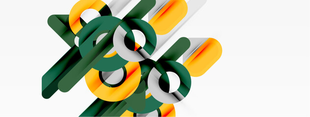 Abstract geometric shapes overlap, creating dynamic composition. Green, orange, gray tones dominate white background. Modern design elements present.