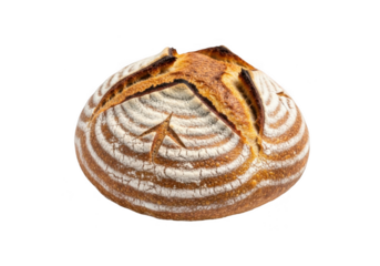 Artisan sourdough bread with a goldenbrown crust and distinctive scoring, isolated on a clean transparent background, showcasing its rustic texture and appealing shape