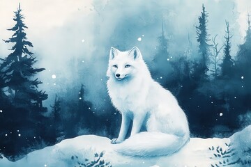 Adorable arctic fox sits alertly in a snowy, frosted forest landscape