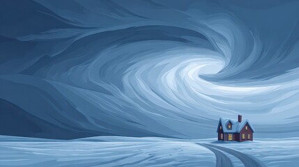 Pixel Art Depiction of Tornado Vortex Over Snowy Landscape with House Under Dramatic Sky and Illuminated Windows Displaying Strong Contrast and Winter Ambiance