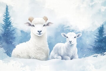 Watercolor style illustration depicts a mature ovine and its young resting in a snowy mountain landscape