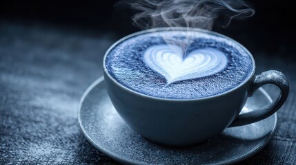 Steaming Blue Coffee Cup with Heart Latte Art on a Saucer with Sugar Dusting and Dark Wood Background
