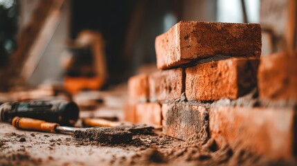 Close Up of Red Brick Pile with Mortar and Construction Tools on Dusty Surface in Outdoor Construction Site with Diffused Lighting
