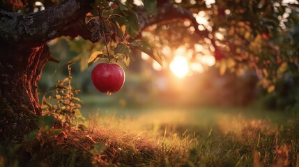 Close Up of Ripe Red Apple Hanging from Tree Branch in Sunny Garden with Sunlight and Greenery