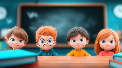 Smiling children sitting at desk in colorful classroom setting