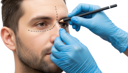 Surgeon s gloved hands draw markings on a man s face with a pencil before cosmetic surgery Medical Doctor transparent background
