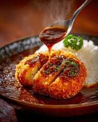 Japanese Curry Rice with Crispy Tonkatsu Pork Cutlet, Golden Fried Cutlet and Rich Curry Sauce, Traditional Japanese Comfort Food