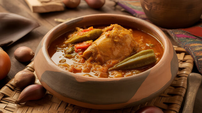 Angolan Moamba de Galinha chicken stew with palm oil sauce, African rustic bowl