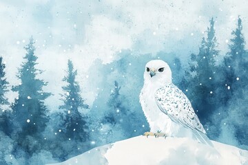 Beautiful white owl perched upon a snowy mound amidst a wintry forest scene