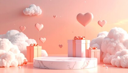 Podium with marble, gift boxes, clouds, hearts, soft peach background