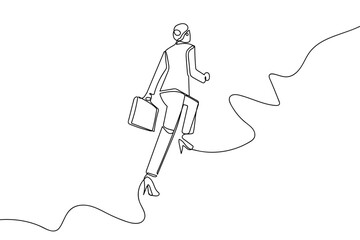 A single, continuous line depicts a businesswoman walking up a staircase towards success. Single line art design Editable stroke.