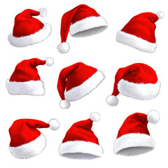 Nine santa claus hats with white fur trim and pom poms are arranged on a white background