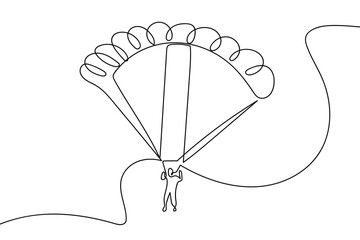 A single, continuous line depicts a parachute of a skydiver. Single line art design Editable stroke.