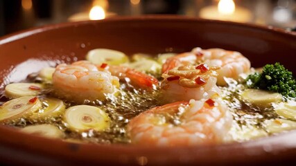 Delicious and aromatic Spanish garlic shrimp sizzling in olive oil with thinly sliced garlic and vibrant red chili flakes served hot in a traditional rustic clay pot perfect for a gourmet appetizer o.