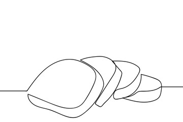 A single, continuous line depicts bread that has been sliced ​​into pieces. Single line art design Editable stroke.