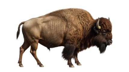 Large brown bison standing on white background with horns and shaggy fur, looking to the right