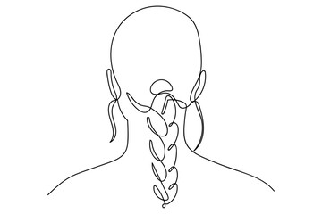 A single, continuous line depicts a woman with braided hair. Single line art design Editable stroke.