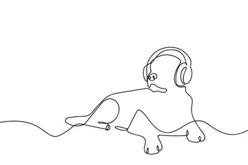 Obraz premium A single, continuous line depicts a dog wearing headphones. Single line art design Editable stroke.