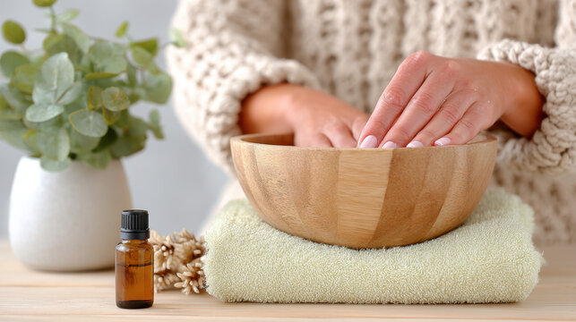 Nail care procedure: technician using wooden stick to push back softened cuticles