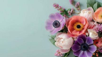 Colorful Spring Flowers Arrangement with Anemones and Peonies on Soft Pastel Background for Floral Design Composition
