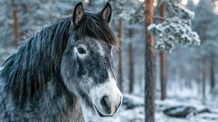 Silver dapple horse in snowy forest with frosted fir trees