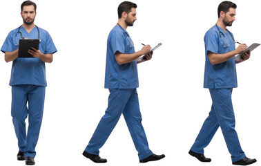 Medical professional in blue scrubs and stethoscope holding clipboard shown in three different poses transparent background
