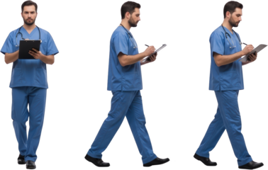 Medical professional in blue scrubs and stethoscope holding clipboard shown in three different poses transparent background