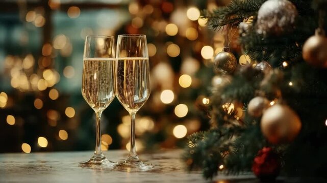 A cozy New Year's Eve: Two glasses of champagne against a background of golden bokeh lights and a Christmas tree