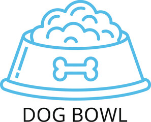 Blue line art dog bowl vector icon with food and bone symbol, pet feeding illustration isolated on white background.