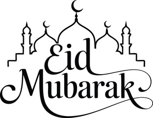Fototapeta premium Classic Eid Mubarak lettering in black with mosque and crescent outlines on a simple white background