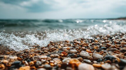 Shoreline Scene With Multicolored Pebbles and Sparkling Seawater Under Overcast Sky Reflecting Sunlight Creating a Dreamy Ambiance With Waves Washing Over the Rocks